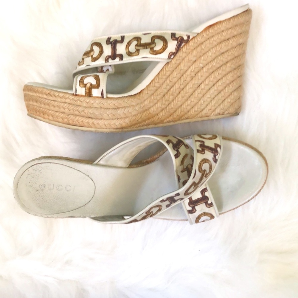 Gucci White Leather Espadrille Wedge Sandals with Brown Logo Trim - Picture 7 of 12